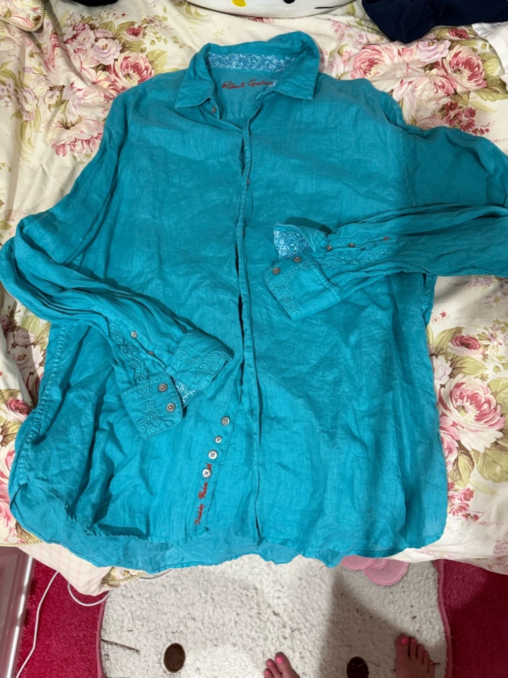 Robert Graham Teal-Turquoise Linen Button-Down Shirt